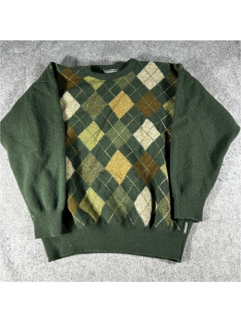 Fisherman Out Of Ireland Sweater Mens Large Green Argyle Crewneck Pullover Wool
